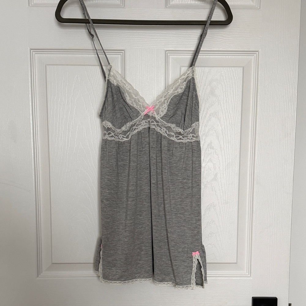 Victoria’s Secret Grey, White Lace Trim Sleepwear Nighty dress medium sexy flowy